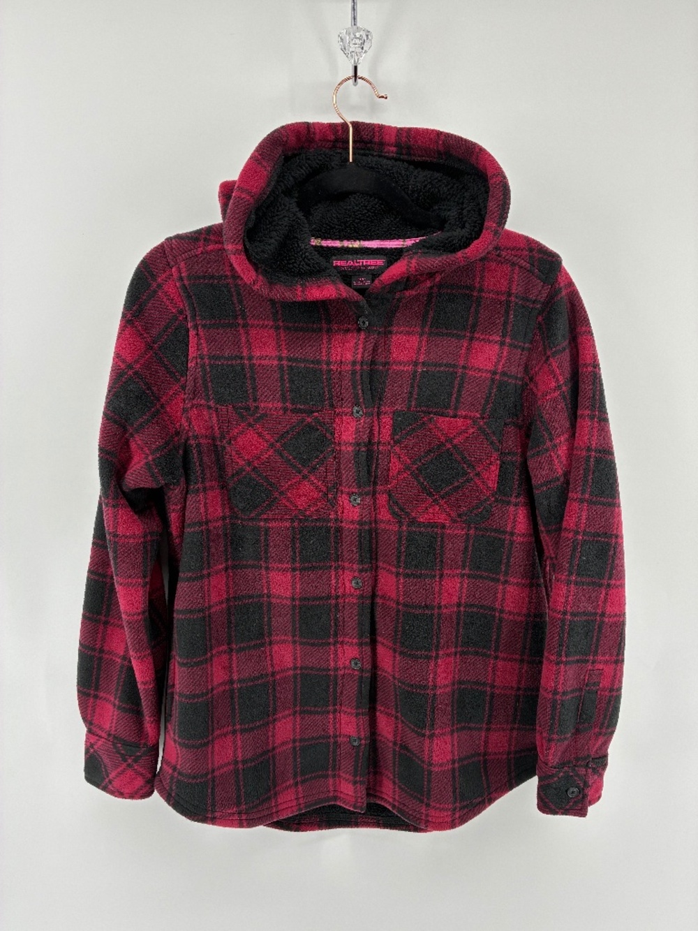 Realtree Women's Red and Black Fleece Lined Plaid Button Down Shirt